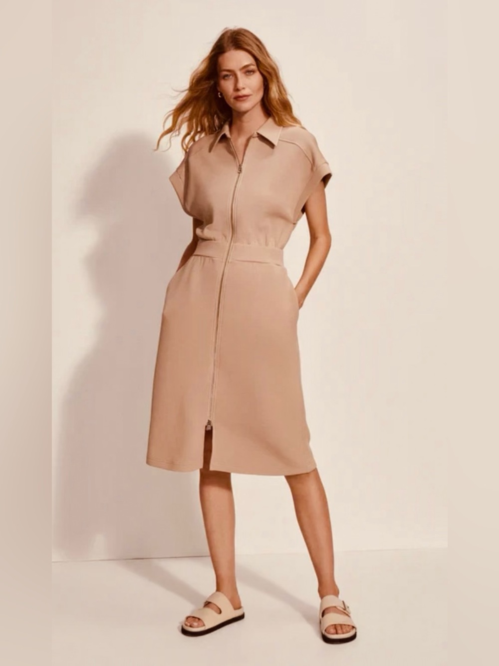 VARLEY LOUISA Beige Zip-Front Short Sleeve Dress BRAND NEW with tag!never worn.